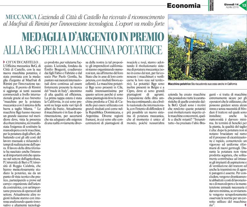 Article published in the regional newspaper &quot;Corriere Dell&#039;Umbria” (2016)