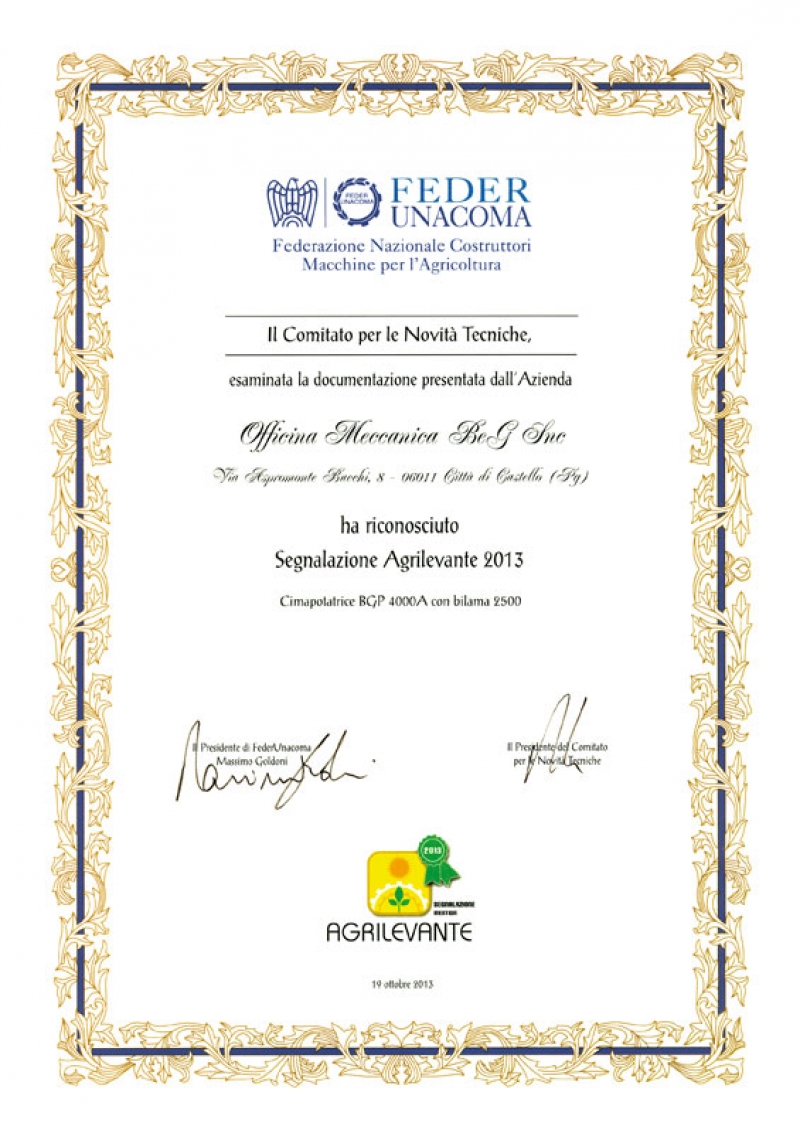 Agrilevante 2013 Award Certificate