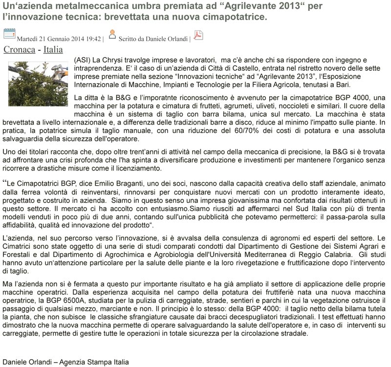 Artículo sobre las podadoras BGP publicado por la Agencia Italiana de Noticias